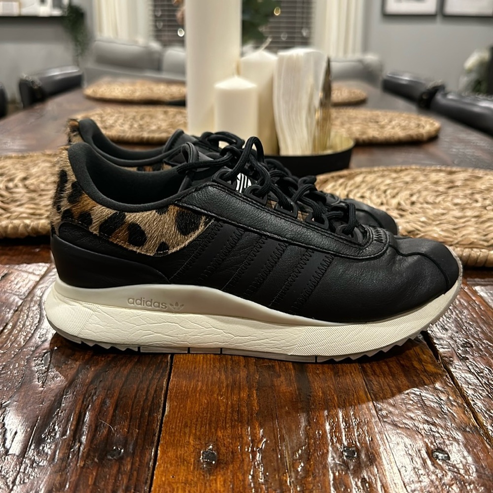 Adidas black leather + faux leopard sneakers